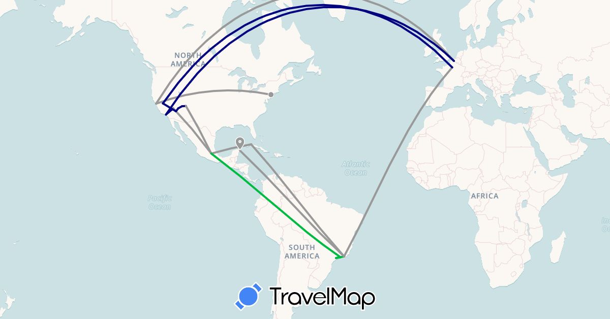 TravelMap itinerary: driving, bus, plane in Brazil, Cuba, France, Mexico, United States (Europe, North America, South America)